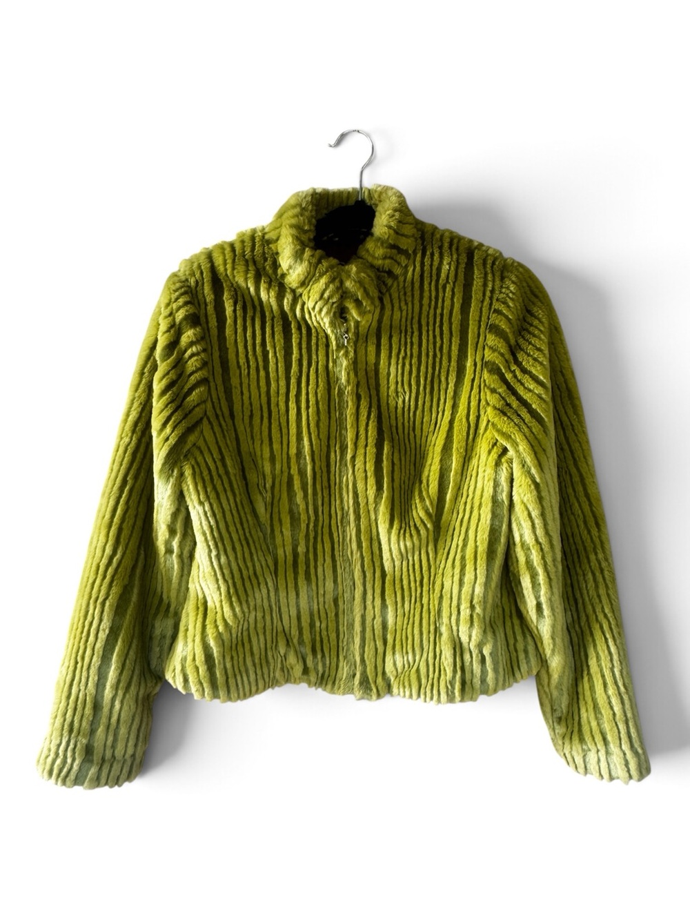 Tsunami Faux Fur Jacket Womens Green Ribbe...d Plush Cropped Y2K Statement Coat